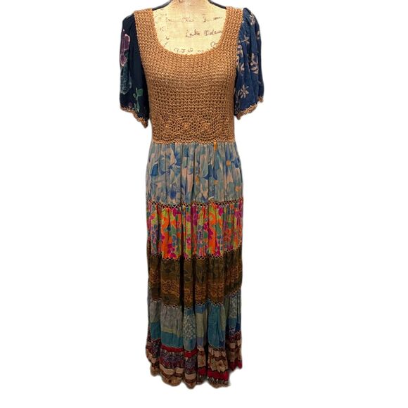 Vintage Raiment Fashions Tiered Maxi Dress Crochet Mixed Prints Boho Size Large‎ - Picture 1 of 5